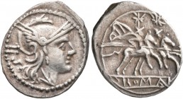 Anonymous, circa 211-208 BC. Sestertius (Silver, 14 mm, 1.06 g, 1 h), Rome. Head of Roma to right, wearing winged helmet; behind, IIS. Rev. ROMA The D...