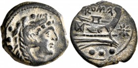 Anonymous. Quadrans (Bronze, 19 mm, 3.17 g, 4 h), unofficial issue, Sicily, after 150 BC. Head of Herakles to right, wearing lion skin headdress; behi...