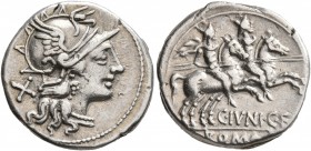 C. Junius C.f, 149 BC. Denarius (Silver, 18 mm, 3.86 g, 11 h), Rome. Head of Roma to right, wearing winged helmet; behind, X. Rev. C•IVNI•C•F / [ROMA]...