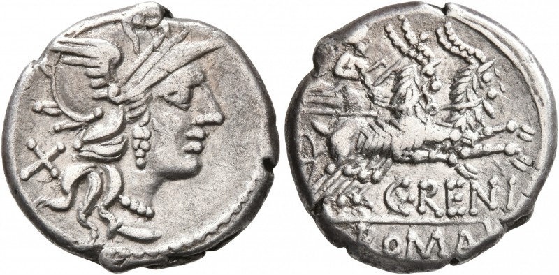 C. Renius, 138 BC. Denarius (Silver, 18 mm, 3.55 g, 2 h), Rome. Head of Roma to ...