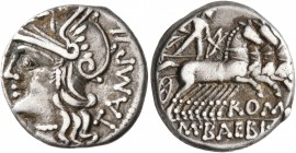 M. Baebius Q.f. Tampilus, 137 BC. Denarius (Silver, 17 mm, 3.83 g, 7 h), Rome. TAMPIL Head of Roma to left, wearing winged helmet; before, X (mark of ...