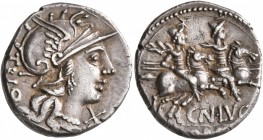 Cn. Lucretius Trio, 136 BC. Denarius (Silver, 19 mm, 3.99 g, 11 h), Rome. Head of Roma to right, wearing winged helmet; below chin, X (mark of value)....