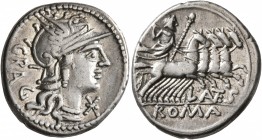 L. Antestius Gragulus, 136 BC. Denarius (Silver, 20 mm, 3.90 g, 11 h), Rome. GRAG Head of Roma to right, wearing winged helmet; below chin, X (mark of...
