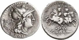C. Servilius M.f, 136 BC. Denarius (Silver, 21 mm, 3.77 g, 4 h), Rome. ROMA Head of Roma to right, wearing winged helmet, pendant earring and necklace...