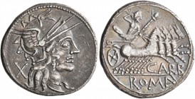 M. Carbo, 122 BC. Denarius (Silver, 21 mm, 3.85 g, 4 h), Rome. Head of Roma to right, wearing winged helmet; behind, X. Rev. CARB ROMA Jupiter driving...