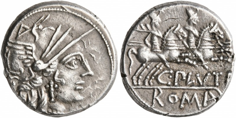 C. Plutius, 121 BC. Denarius (Silver, 18 mm, 3.89 g, 1 h), Rome. Head of Roma to...