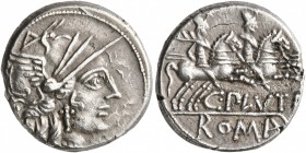 C. Plutius, 121 BC. Denarius (Silver, 18 mm, 3.89 g, 1 h), Rome. Head of Roma to right, wearing winged helmet; behind, X. Rev. The Dioscuri galloping ...