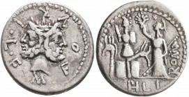M. Furius L.f. Philus, 120 BC. Denarius (Silver, 20 mm, 3.86 g, 12 h), Rome. M•FOVRI•L•F Laureate head of Janus. Rev. ROMA / PH L I Roma standing fron...