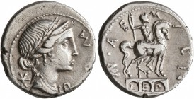Man. Aemilius Lepidus, 114-113 BC. Denarius (Silver, 19 mm, 3.80 g, 7 h), Rome. RO MA Laureate and draped bust of Roma to right; behind, star (mark of...