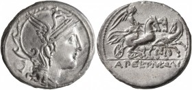 Appius Claudius Pulcher, T. Manlius Mancius and Q. Urbinius, 111-110 BC. Denarius (Silver, 18 mm, 3.70 g, 7 h), Rome. Head of Roma to right, wearing w...
