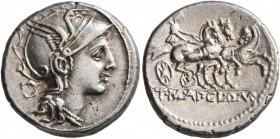 Appius Claudius Pulcher, T. Manlius Mancius and Q. Urbinius, 111-110 BC. Denarius (Silver, 18 mm, 3.92 g, 9 h), Rome. Head of Roma to right, wearing w...