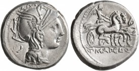 Appius Claudius Pulcher, T. Manlius Mancius and Q. Urbinius, 111-110 BC. Denarius (Silver, 17 mm, 3.88 g, 1 h), Rome. Head of Roma to right, wearing w...
