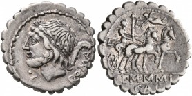 L. Memmius Galeria, 106 BC. Denarius (Silver, 19 mm, 3.92 g, 4 h), Rome. EX•S•C / ROMA Laureate head of Saturn to left; behind, harpa; below chin, •C....