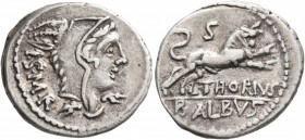 L. Thorius Balbus, 105 BC. Denarius (Silver, 20 mm, 3.85 g, 7 h), Rome. I•S•M•R Head of Juno Sospita to right, wearing goat-skin headdress. Rev. L•THO...