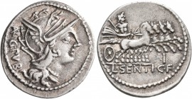 L. Sentius C.f, 101 BC. Denarius (Silver, 21 mm, 3.94 g, 6 h), Rome. AR G•PVB Head of Roma to right, wearing winged helmet. Rev. L•SENTI•C•F Jupiter d...