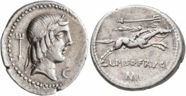 L. Calpurnius Piso Frugi, 90 BC. Denarius (Silver, 19 mm, 3.83 g, 3 h), Rome. Laureate head of Apollo to right; behind, trident; before, C. Rev. L PIS...
