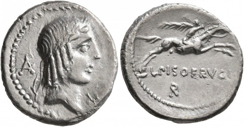 L. Calpurnius Piso Frugi, 90 BC. Denarius (Silver, 19 mm, 3.59 g, 2 h), Rome. La...