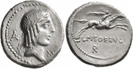 L. Calpurnius Piso Frugi, 90 BC. Denarius (Silver, 19 mm, 3.59 g, 2 h), Rome. Laureate head of Apollo to right; behind, A. Rev. L PISO FRVGI / R Horse...