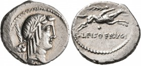 L. Calpurnius Piso Frugi, 90 BC. Denarius (Silver, 18 mm, 3.73 g, 11 h), Rome. Laureate head of Apollo to right; behind, branch. Rev. L PISO FRVGI / •...