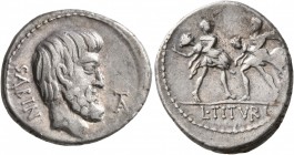 L. Titurius L.f. Sabinus, 89 BC. Denarius (Silver, 20 mm, 4.17 g, 3 h), Rome. SABIN Bare-headed and bearded head of King Titus Tatius to right; in fie...