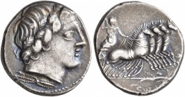 Anonymous, 86 BC. Denarius (Silver, 18 mm, 3.89 g, 1 h), Rome. Laureate head of Apollo to right; below neck truncation, thunderbolt. Rev. Jupiter in f...
