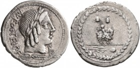 Mn. Fonteius C.f, 85 BC. Denarius (Silver, 21 mm, 3.58 g, 6 h), Rome. MN FO NT EI - ROMA (ligate) Laureate head of Apollo to right; below, thunderbolt...
