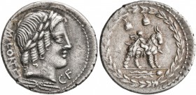 Mn. Fonteius C.f, 85 BC. Denarius (Silver, 20 mm, 3.95 g, 5 h), Rome. MN FO NT EI - C•F Laureate head of Apollo to right; below, thunderbolt. Rev. Cup...