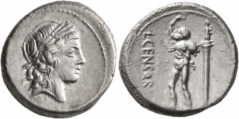 L. Censorinus, 82 BC. Denarius (Silver, 18 mm, 3.95 g, 3 h), Rome. Laureate head...