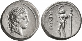 L. Censorinus, 82 BC. Denarius (Silver, 18 mm, 3.95 g, 3 h), Rome. Laureate head of Apollo to right. Rev. L•CENSOR Marsyas, bald-headed, advancing to ...