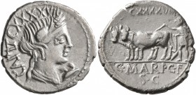 C. Marius C.f. Capito, 81 BC. Denarius (Silver, 19 mm, 3.76 g, 5 h), Rome. CAPIT CXXXXVII Draped bust of Ceres to right; below chin, symbol. Rev. C•MA...