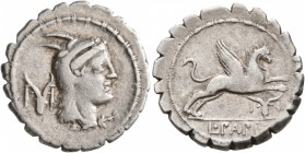 L. Papius, 79 BC. Denarius (Silver, 21 mm, 4.05 g, 2 h), Rome. Head of Juno Sospita to right, wearing goat-skin headdress; behind, decorated skull of ...