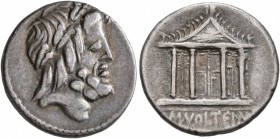M. Volteius M.f, 78 BC. Denarius (Silver, 18 mm, 3.58 g, 5 h), Rome. Laureate head of Jupiter to right. Rev. M•VOLTEI•M[•F] Tetrastyle temple of Jupit...