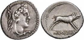 M. Volteius M.f, 78 BC. Denarius (Silver, 19 mm, 4.00 g, 7 h), Rome. Head of Hercules to right, wearing lion skin headdress. Rev. M VOLTEI M [F] Eryma...