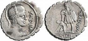 Mn. Aquillius Mn.f. Mn.n, 65 BC. Denarius (Silver, 20 mm, 3.62 g, 7 h), Rome. VIRTVS III•VIR Helmeted and draped bust of Virtus to right. Rev. MN AQVI...