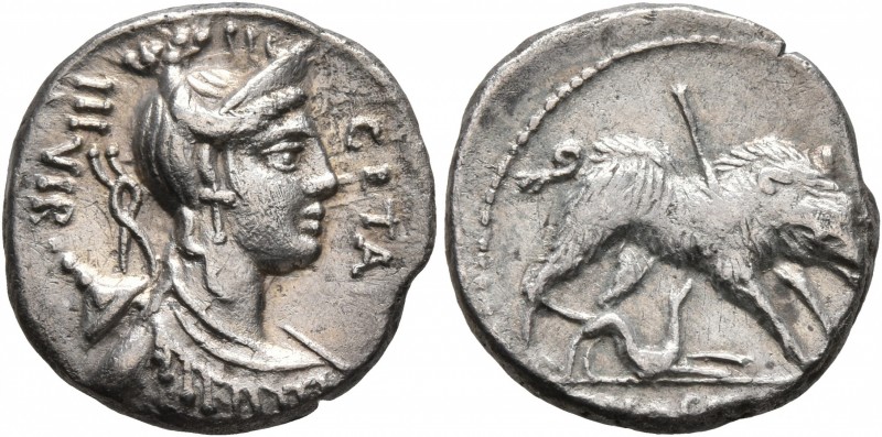 C. Hosidius C.f. Geta, 64 BC. Denarius (Silver, 16 mm, 3.56 g, 6 h), Rome. GETA ...