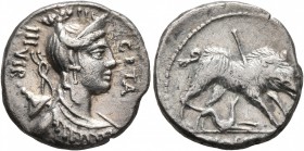 C. Hosidius C.f. Geta, 64 BC. Denarius (Silver, 16 mm, 3.56 g, 6 h), Rome. GETA - III VIR Diademed and draped bust of Diana to right, with bow and qui...