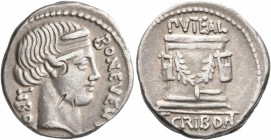 L. Scribonius Libo, 62 BC. Denarius (Silver, 18 mm, 3.85 g, 6 h), Rome. BON EVENT LIBO Diademed head of Bonus Eventus to right. Rev. PVTEAL SCRIBON Ga...