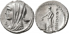 L. Cassius Longinus, 60 BC. Denarius (Silver, 19 mm, 3.87 g, 6 h), Rome. Veiled and diademed head of Vesta to left; below chin, control letter; in fie...