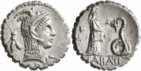 L. Roscius Fabatus, 59 BC. Denarius (Silver, 17 mm, 3.88 g, 6 h), Rome. L•ROSCI Head of Juno Sospita to right, wearing goat-skin headdress; behind, be...