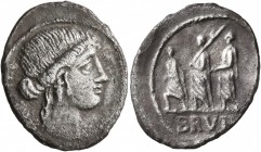 Q. Servilius Caepio Brutus (M. Junius Brutus), 54 BC. Denarius (Silver, 20 mm, 3.23 g, 11 h), Rome. [LIBERTAS] Head of Libertas to right, wearing trip...