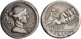 T. Carisius, 46 BC. Denarius (Silver, 19 mm, 3.75 g, 1 h), Rome. Draped bust of Victory to right; behind, S•C. Rev. T•CARISI Victory in prancing quadr...
