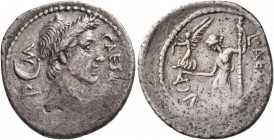 Julius Caesar, 49-44 BC. Denarius (Silver, 20 mm, 3.13 g, 1 h), with L. Aemilius Buca, moneyer, Rome, January-February 44 BC. CAESA[R] P(crescent)M Wr...