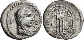 Brutus, † 42 BC. Denarius (Silver, 19 mm, 3.56 g, 12 h), with L. Sestius, proquaestor, military mint traveling with Brutus and Cassius in the East, sp...