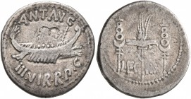 Mark Antony, 44-30 BC. Denarius (Silver, 19 mm, 3.37 g, 6 h), military mint moving with Mark Antony (Patrae?), 32-31 BC. ANT•AVG / III•VIR•R•P•C Galle...