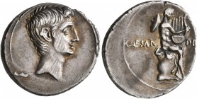 Octavian, 44-27 BC. Denarius (Silver, 20 mm, 3.83 g, 9 h), Brundisium or Rome, circa 32-29 BC. Bare head of Octavian to right. Rev. CAESAR - DIVI F Me...
