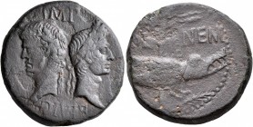 Augustus, with Agrippa, 27 BC-AD 14. As (Copper, 25 mm, 11.83 g, 10 h), Nemausus, circa 16-10 BC. IMP / DIVI F Heads of Agrippa, on the left, wearing ...