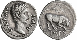 Augustus, 27 BC-AD 14. Denarius (Silver, 19 mm, 3.72 g, 4 h), Lugdunum, circa 15-13 BC. DIVI•F AVGVSTVS Bare head of Augustus to right. Rev. IMP•X Bul...
