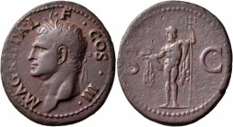 Agrippa, died 12 AD. As (Copper, 30 mm, 10.83 g, 6 h), Rome struck under Caligula, 37-41. M AGRIPPA L•F•COS•III Head of Agrippa to left, wearing rostr...