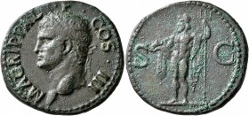 Agrippa, died 12 AD. As (Copper, 30 mm, 11.77 g, 7 h), Rome, struck under Caligula, 37-41. M AGRIPPA L•F•COS•III Head of Agrippa to left, wearing rost...