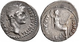 Tiberius, 14-37. Denarius (Silver, 20 mm, 3.78 g, 6 h), Lugdunum. TI CAESAR DIVI AVG F AVGVSTVS Laureate head of Tiberius to right. Rev. PONTIF MAXIM ...